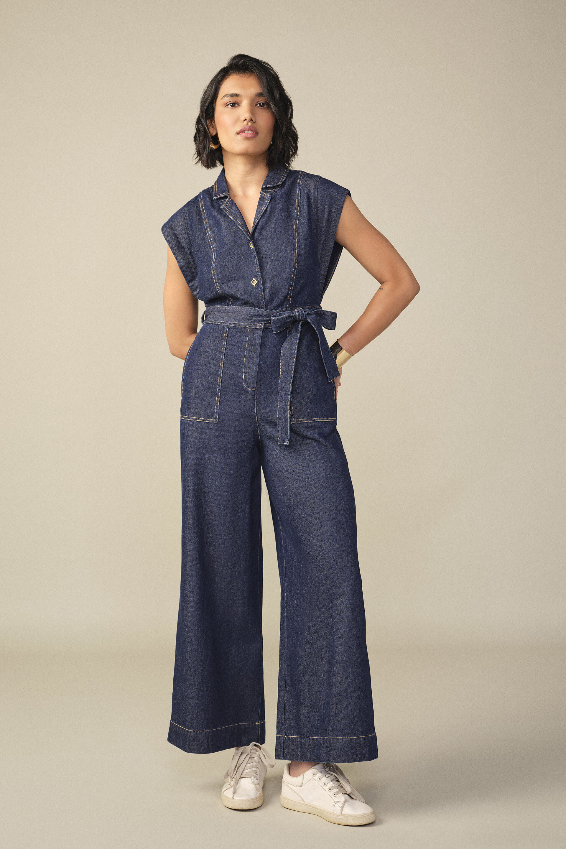 Solid Denim Jumpsuit in Blue, Blue, image 1